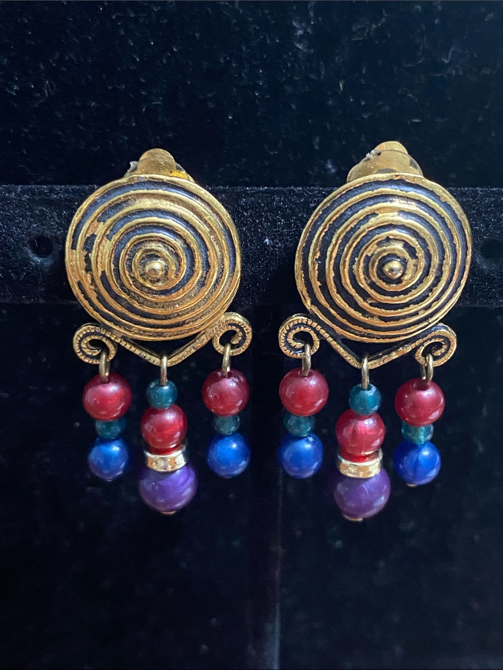 Gold Spiral Drop Earrings with Multicolor Beads